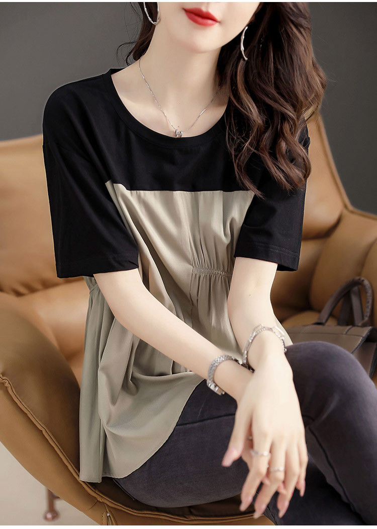 versatile age-reducing slim contrasting color splicing T-shirt for women's summer retro loose short-sleeved T-shirt ins niche design top