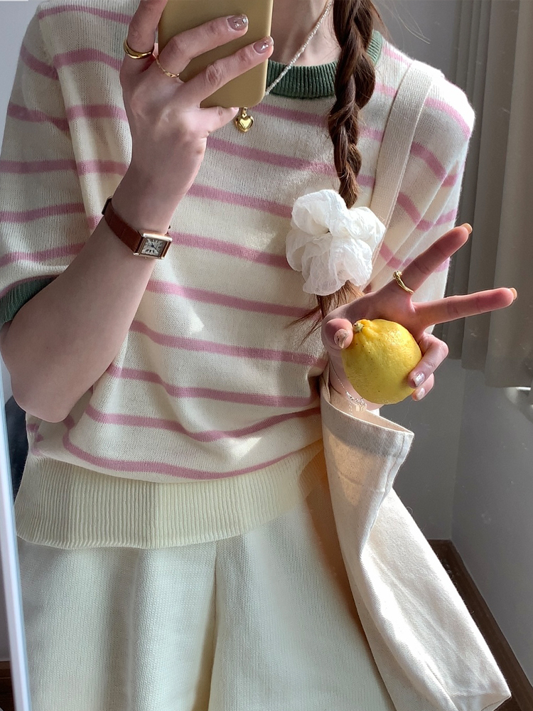 粉色條紋圓領針織短袖女夏季新款甜美韓系上衣小個子T恤收腰短款