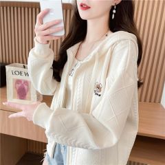 Real shot Korean loose spring and autumn style upper and lower zipper embroidered jacquard hooded cardigan sweatshirt for women