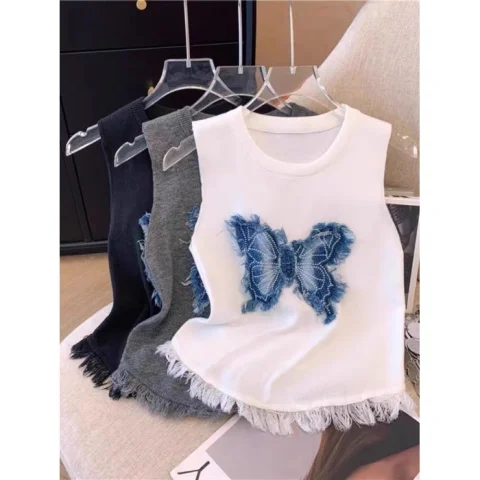 Butterfly embroidered tassel knitted vest female hottie summer high waist navel-exposed short top trendy
