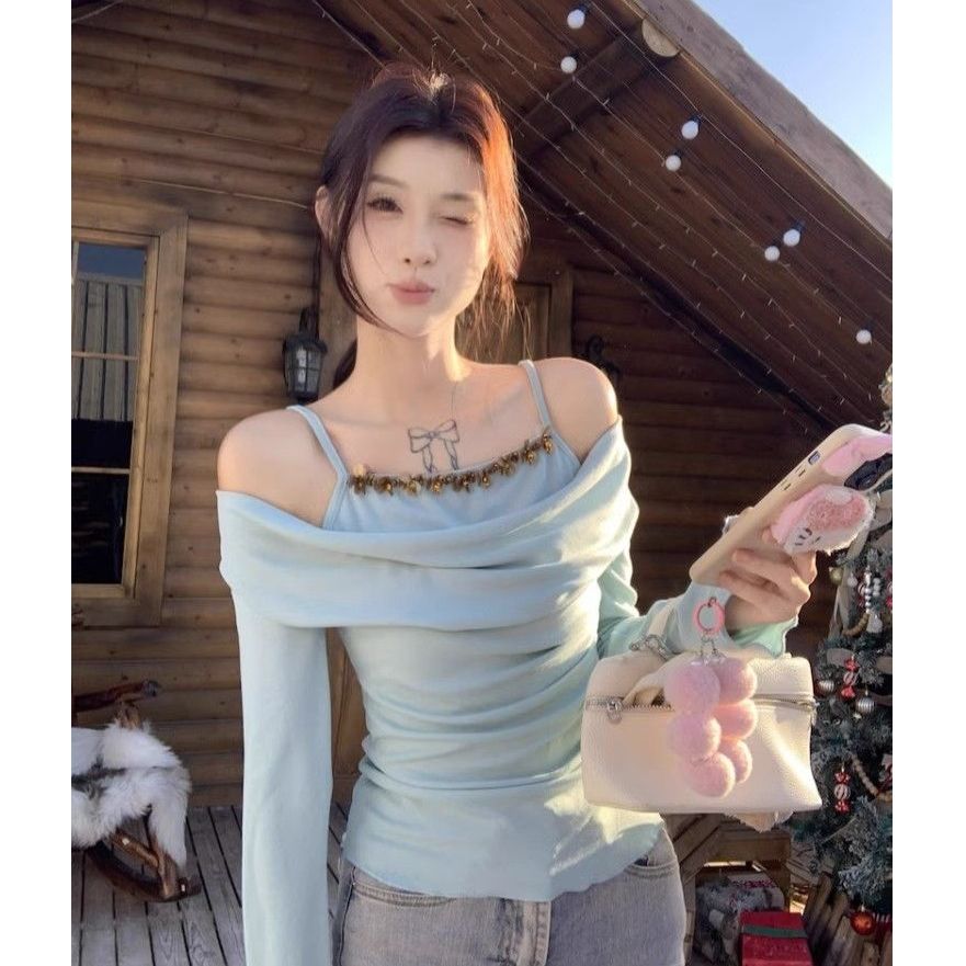 Delian 1*1 fake two-piece sequin suspender long-sleeved T-shirt for women