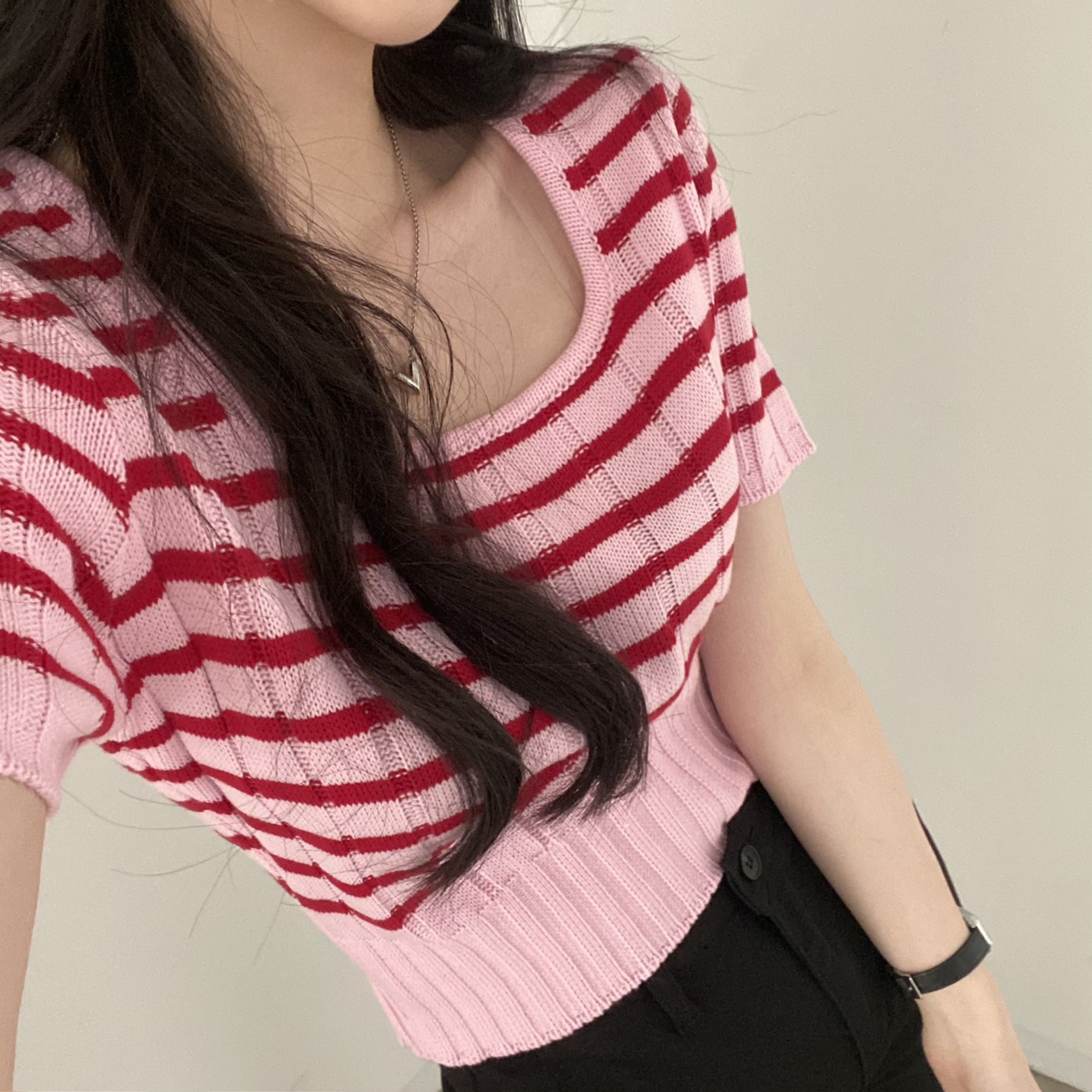 Korean versatile plaid slim short-sleeved sweater square collar slim T-shirt for women
