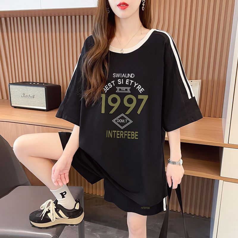 Real photo of pure cotton 2025 summer casual sports short-sleeved T-shirt shorts suit women's two-piece set