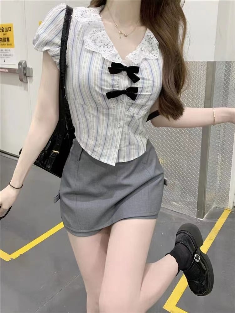 辣妹蝴蝶結條紋短袖襯衫女夏季蕾絲拼接娃娃領設計感上衣