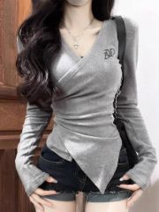 Devlin 220g cross long-sleeved autumn new base T-shirt waist-hugging slim hot girl top