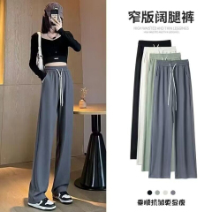 夏季薄款窄版闊腿褲女2025新款高腰垂感顯瘦休閒冰絲拖地直筒褲子