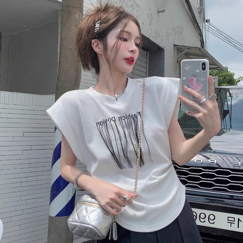 官圖  棉珠地 短袖T恤女刺繡流蘇飛飛袖上衣寬鬆小眾
