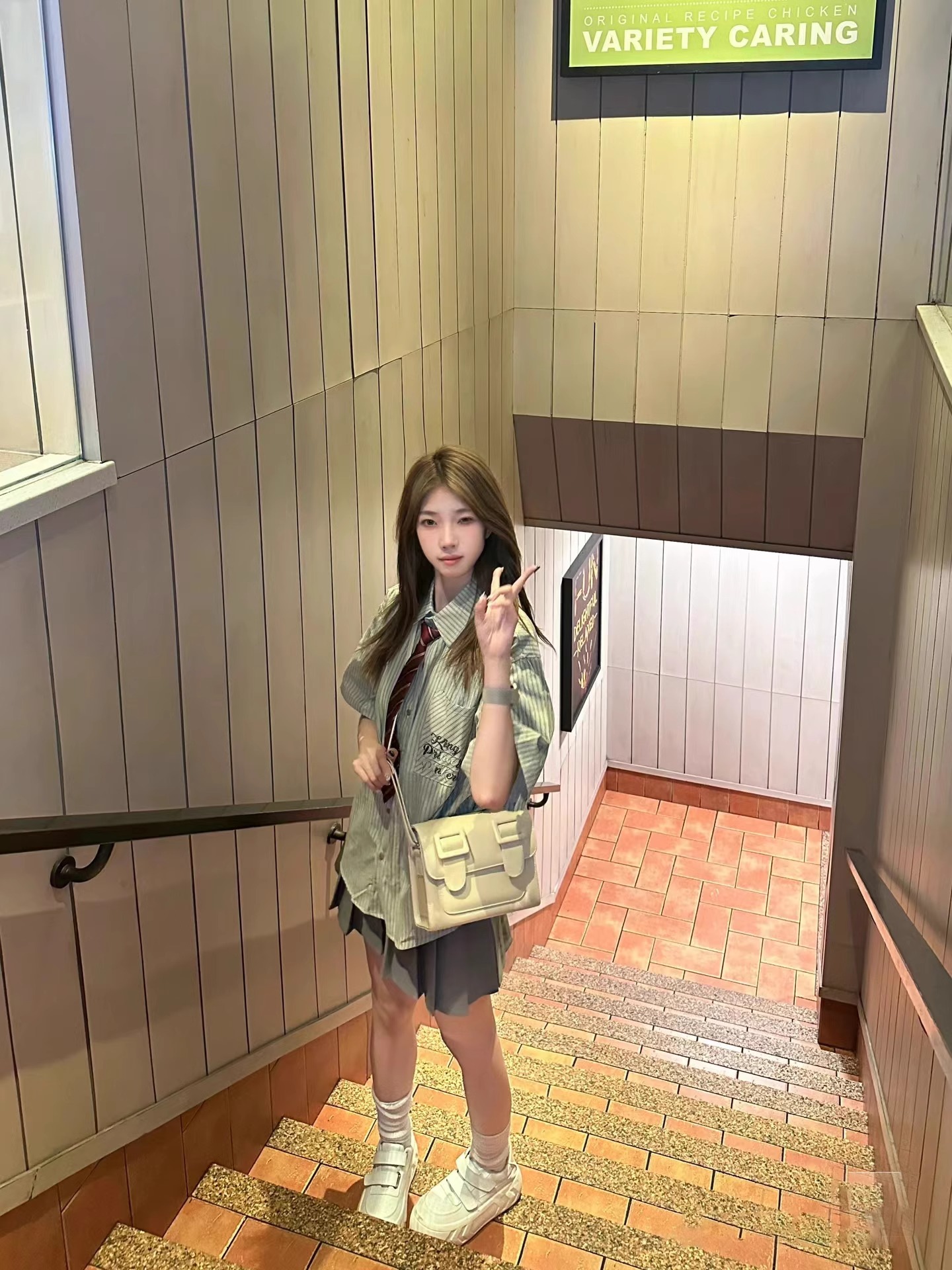 Korean style green striped short-sleeved shirt for women in 2025 summer high-end feel loose versatile sweet jk shirt