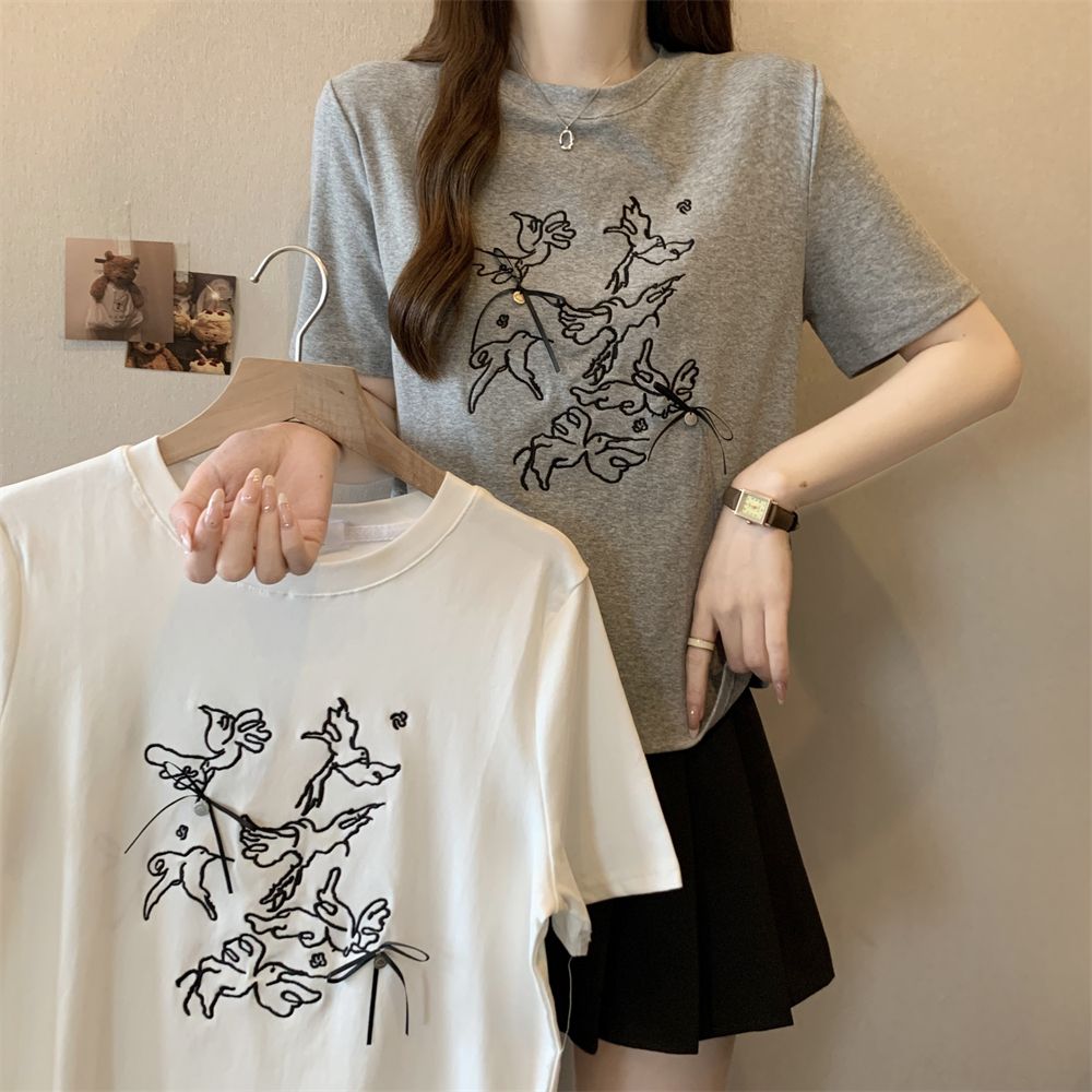 40支純棉210克92棉/8氨綸短袖T恤女刺繡立體裝飾
