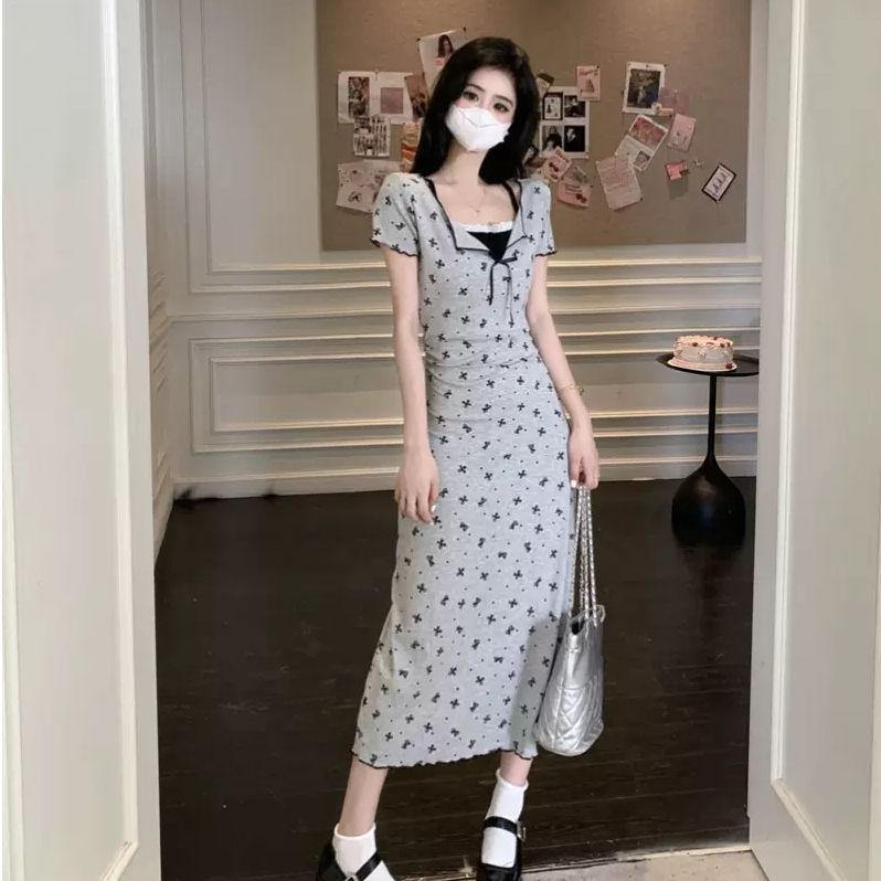新款假兩件針織連衣裙女夏季胖MM顯瘦蝴蝶結A字裙子赫本風小黑裙