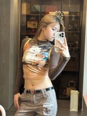 原版面料天貓質量辣妹風貓咪印花長袖T恤女秋季修身短款上衣