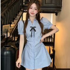 College style suit waist-hugging slim skirt striped shirt dress women summer high waist shorts fashion two-piece set