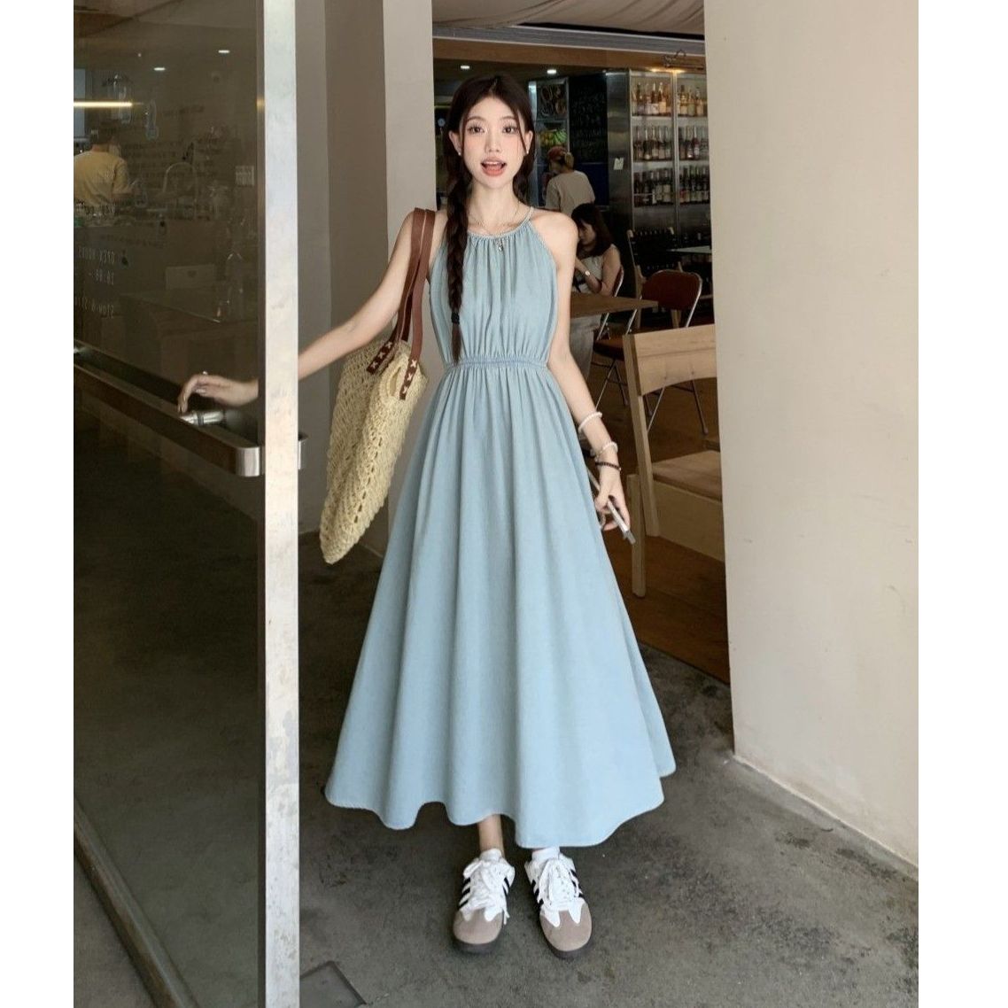 Blue French halter neck suspender dress for women in summer new style seaside vacation style sleeveless beach skirt