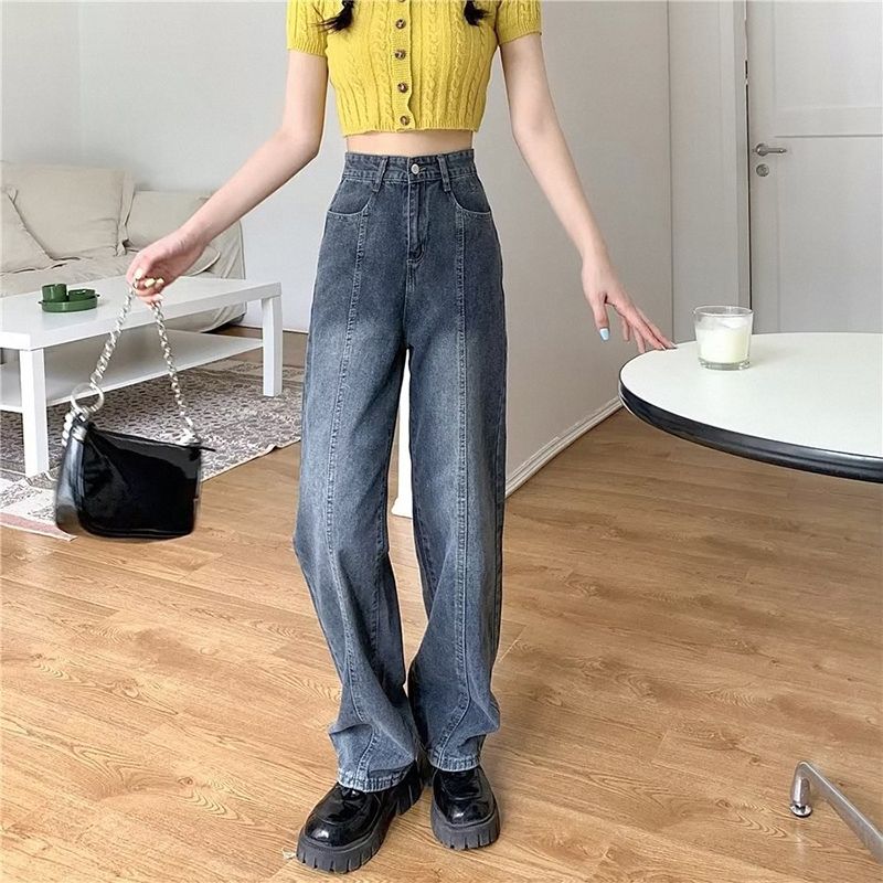 美式復古高街ins設計感牛仔褲女春秋寬鬆直筒顯瘦高腰闊腿牛仔褲