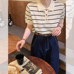 Liberin sisy striped sweater for women in summer, slim and delicate polo neck refreshing breathable cotton and linen short-sleeved top