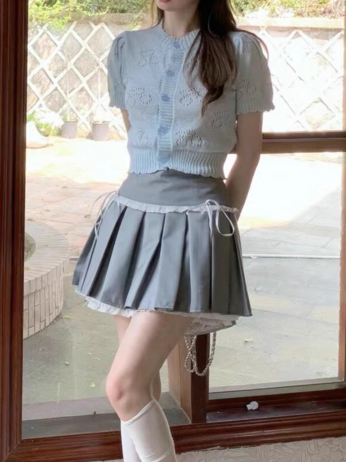 Pure Desire Lace Edge Pleated Short Skirt for Women Summer High-Waist Hot Girl Butterfly Bow A-line Semi-Body Skirt