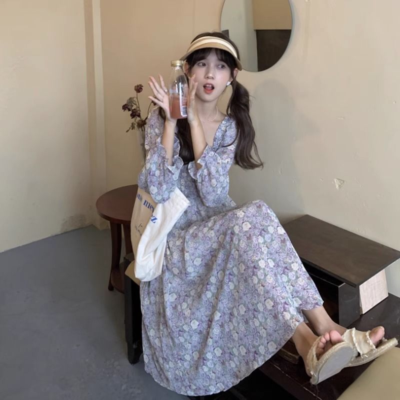 春夏季復古胖法式溫柔風茶歇桔梗碎花長裙女春顯瘦裙子