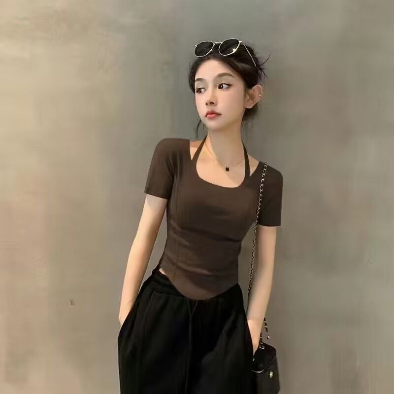 莫代爾短袖T恤女夏季新款修身掛脖不規則下擺薄款小個子正肩上衣