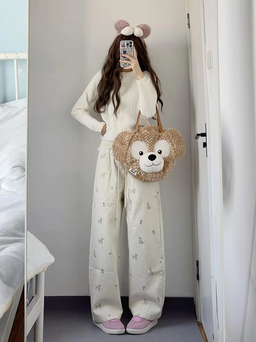 Three-dimensional waist 2025 spring new lace spliced ​​puppy print straight-tune casual pants wide-leg pants