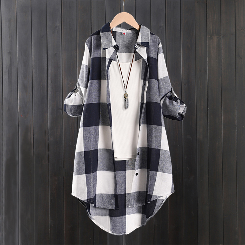 Foreign trade cross-border cotton and linen shirts for mid-length plaid tops long-sleeved design sunscreen shirts versatile shirts