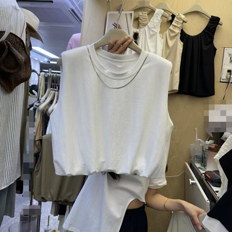純棉寬鬆上衣2025夏新款小眾bm韓版ins設計感內紗網短款無袖T恤女