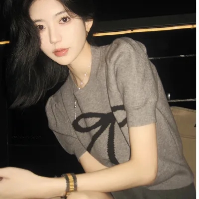 學院風蝴蝶結圓領泡泡袖減齡針織衫春裝女新款洋氣短袖t恤