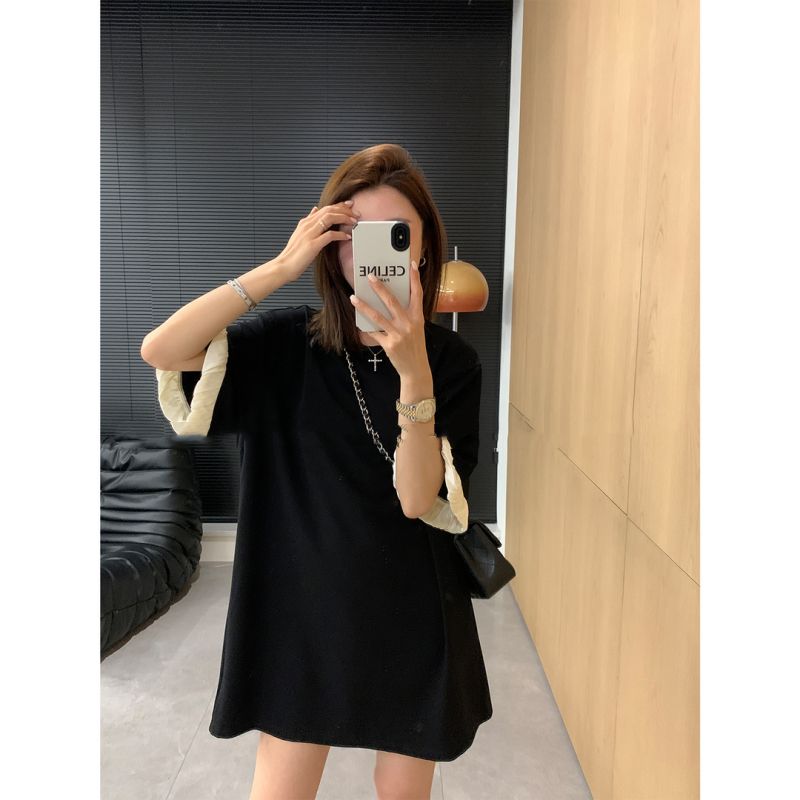 純棉雙紗 休閒大碼連衣裙女微胖mm時尚氣質遮肉T恤短裙子