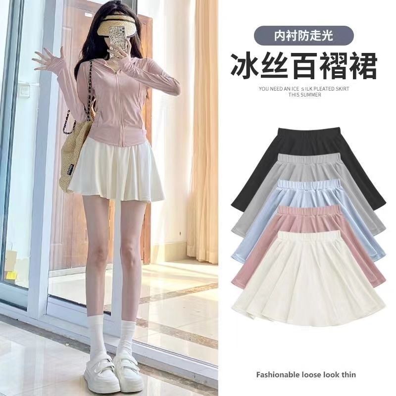 Dopamine pleated skirt for women in summer new high-waisted slim students versatile ice silk anti-exposure skirt