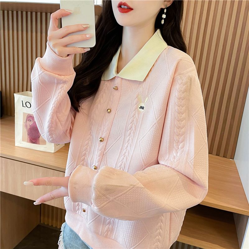 Real shot of Korean loose spring and autumn style embroidered splicing jacquard sweatshirt for women