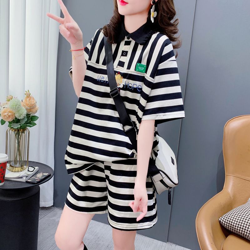 Official picture imitation cotton beads and floor digital shorts shorts suit for women in summer casual sports two-piece set