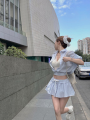 Real photo Korean striped polo collar long sleeve shirt top for women's spring fashion high waist skirt two-piece set