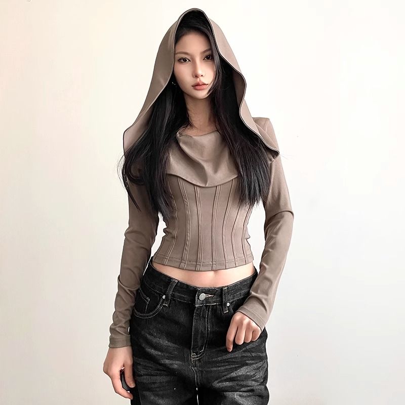 Double-layer hooded dune wasteland style top for women slim hot girl design short long-sleeved T-shirt