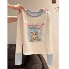 Cat Print Long-Sleeve T-Shirt for Women, Design-Oriented Color Block Splicing, Slimming and Body-Concealing Base Shirt for Layering