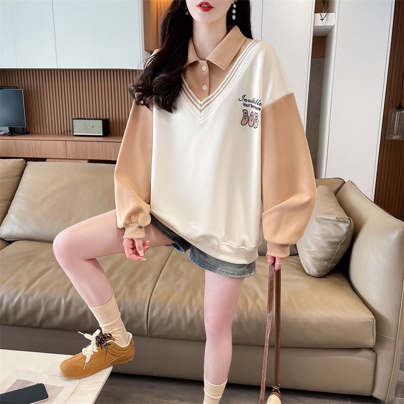 Real shot of 2025 spring new Korean version of POLO collar splicing contrasting color tie loose sweatshirt female student trend