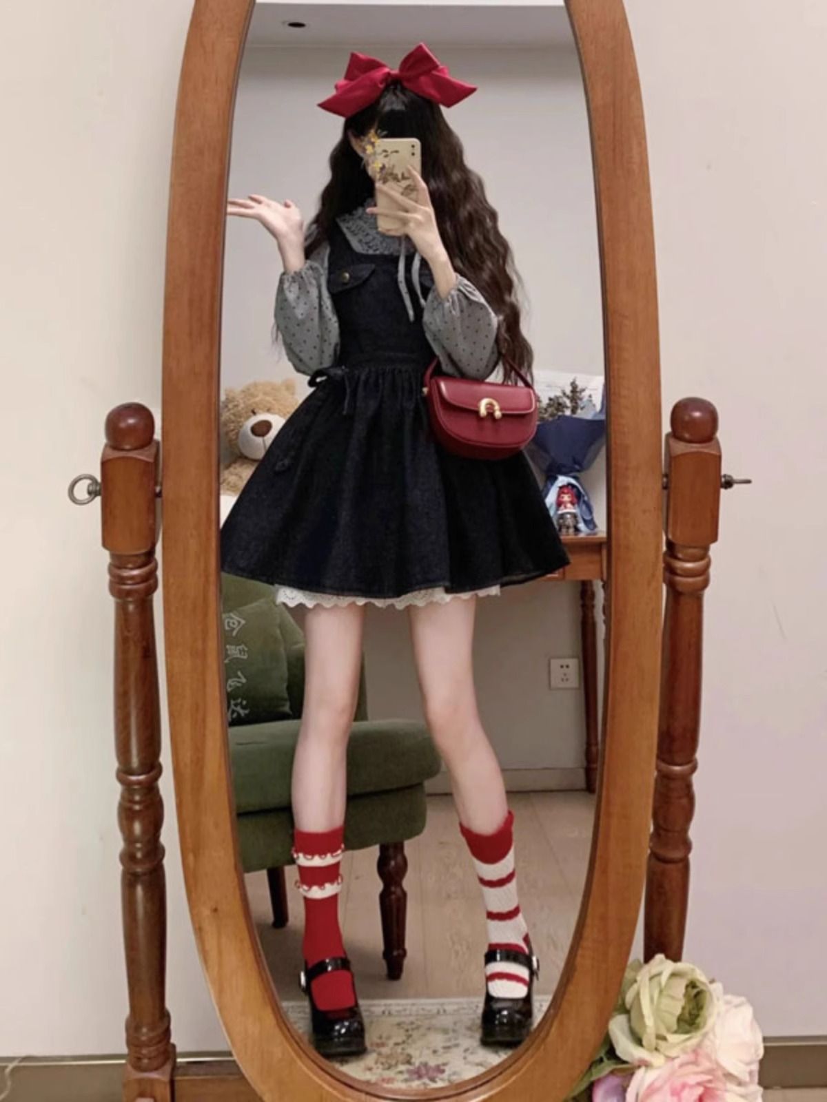 波點襯衫牛仔背帶連衣裙兩件套裝裙活潑減齡小個子春秋穿搭一整套