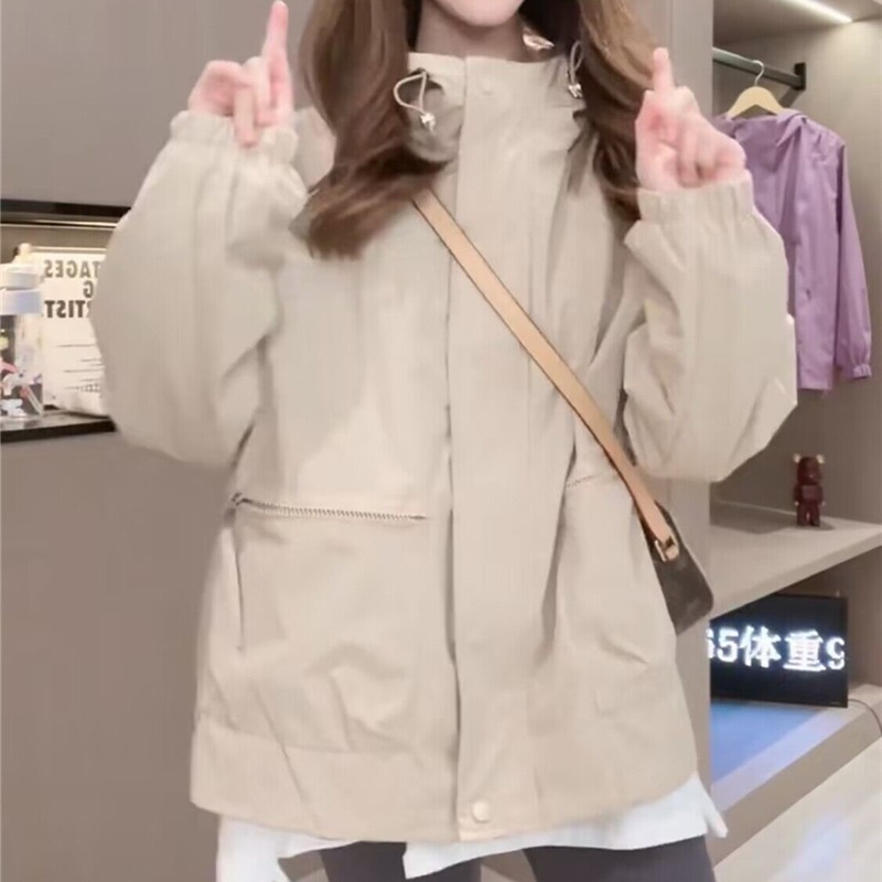 連帽衝鋒衣女小個子防水棒球服短外套春秋夾克上衣女百搭工裝風衣