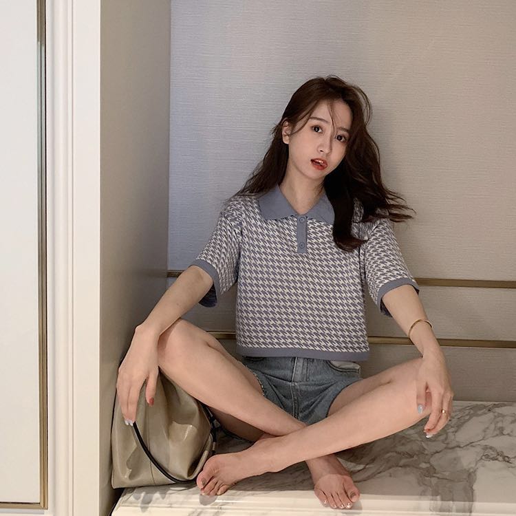 ROUWANBABY肉完網紅短袖t恤女超火針織寬鬆千鳥格polo領上衣短款