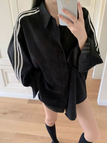 Autumn versatile sports shirt short jacket for women loose niche stripes slim design thin casual top