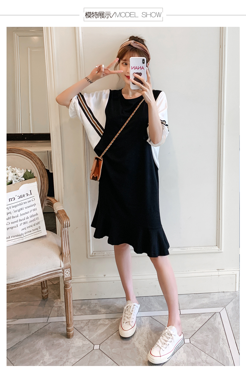 New short-sleeved dress loose mid-length versatile splicing bat sleeves slim T-shirt skirt for women