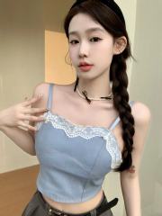 性感設計感拼接蕾絲邊吊帶外穿牛仔背心抹胸上衣女