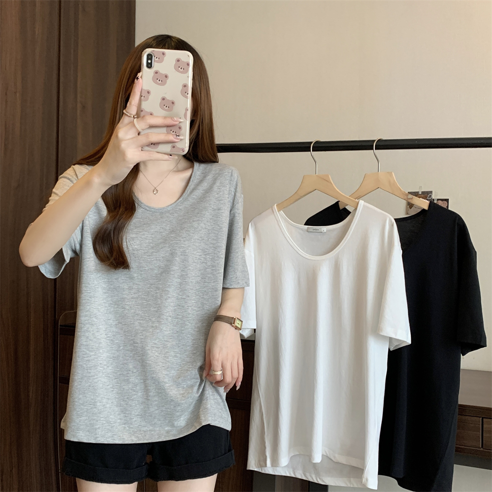 Real shot new style top 26 pure cotton 170g cotton U-neck loose short-sleeved T-shirt for women
