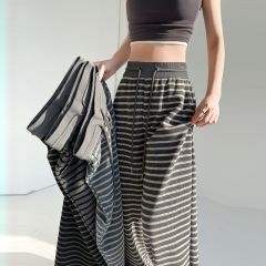 慵懶寬鬆復古條紋休閒闊腿褲女抽繩拖地直筒褲春季設計感撞色高腰