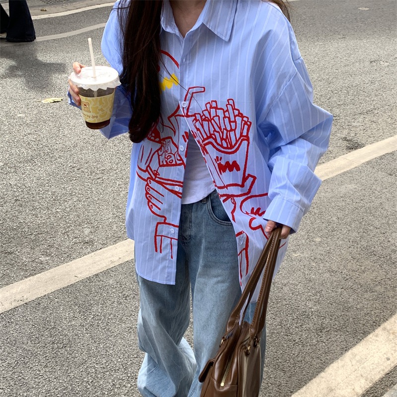 Stylish Long-Sleeve Women's Shirt for Spring and Autumn, Thin and Loose Design, Unique American Street Style, Cartoon Print Casual Blouse