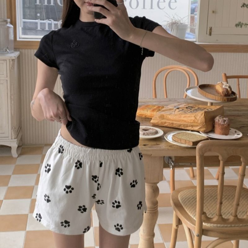 Cute dog printed white shorts for women in summer new style small straight-leg casual wide-leg five-point mid-sized pants