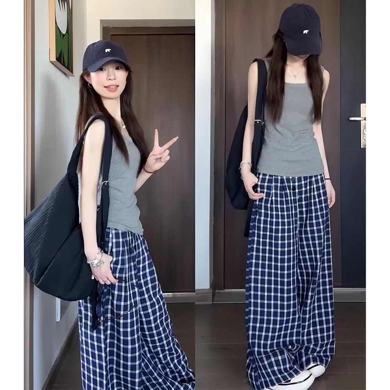Plaid wide-leg pants for women new high-waist casual straight-down drape loose lazy style patterned pants