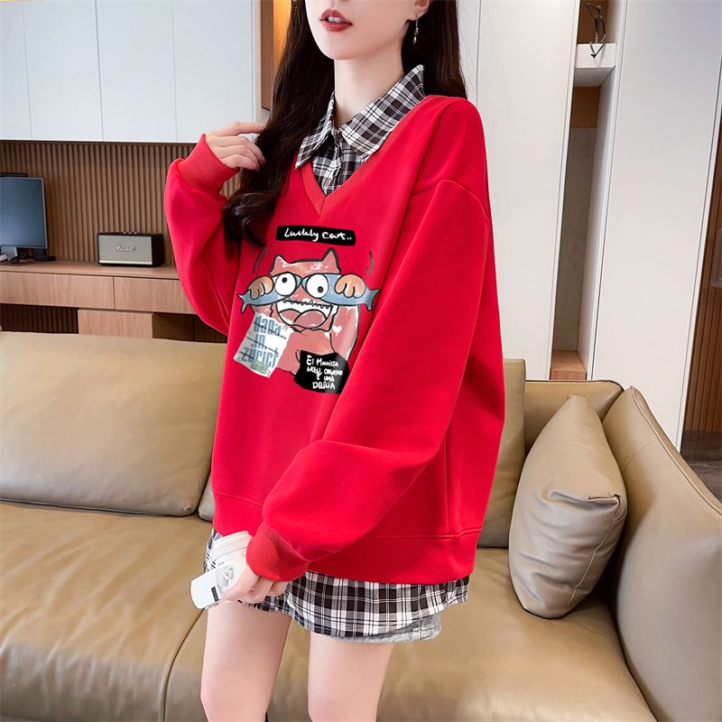 Real shot of 2025 spring and autumn back collar twill, thin top POLO collar plaid sweatshirt for women
