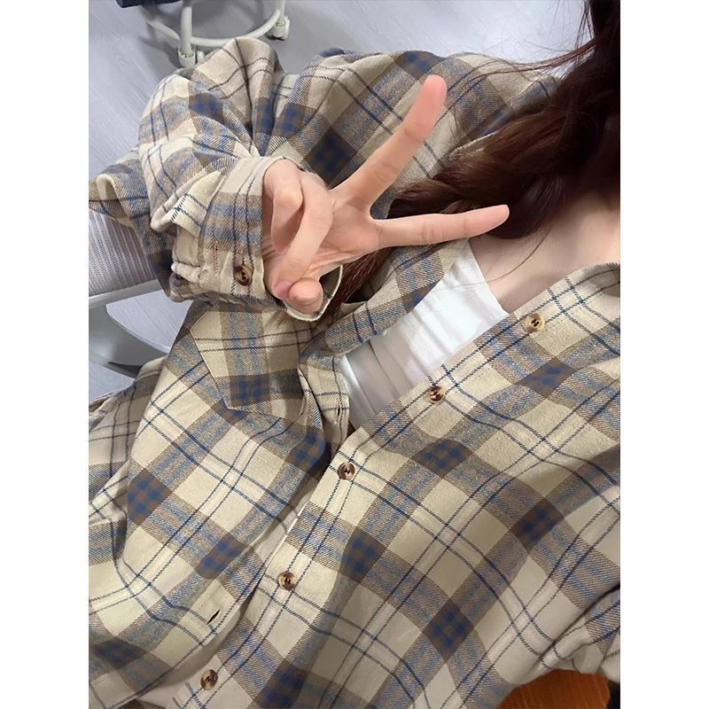 磨毛長袖格子襯衫女2025春季新款內搭疊穿寬鬆慵懶風長袖襯衣外套