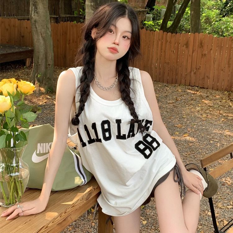 6535 cotton knitted edge + rear bag vest suspender women American retro inner sleeveless niche top trendy