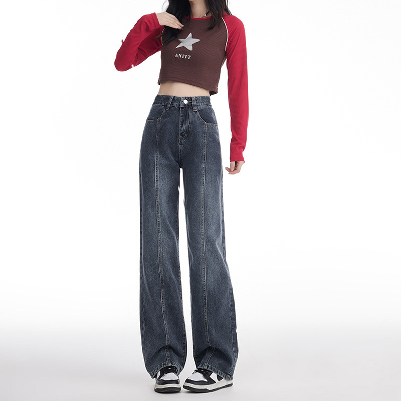 New retro style for spring and autumn style slim denim straight-leg pants for women with high waist wide-leg floor jeans trendy