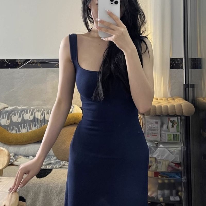 New navy blue square collar pure hot girl suspender high-end white tall long skirt sleeveless vest dress for women